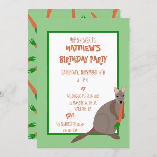 Invitation Wallabe verte et orange Manger une carotte Anniver