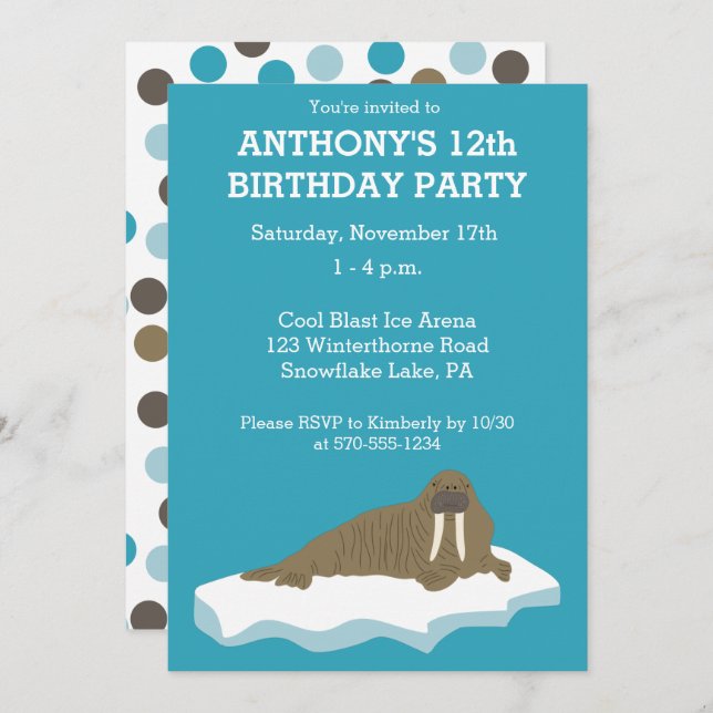 Invitation Walrus sur une Iceberg Custom Birday Party (Devant / Derrière)