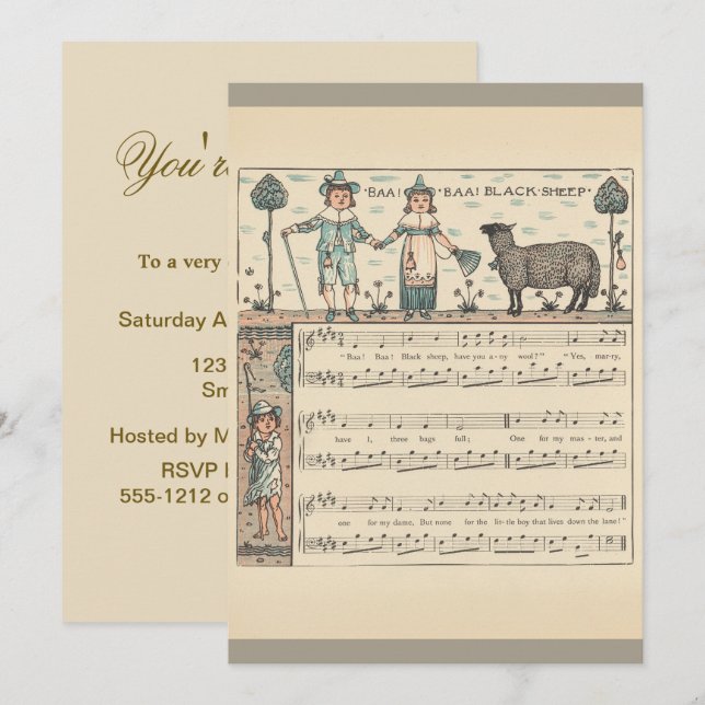 Invitation Walter Crane Baa Baa Mouton Noir Comptine (Devant / Derrière)