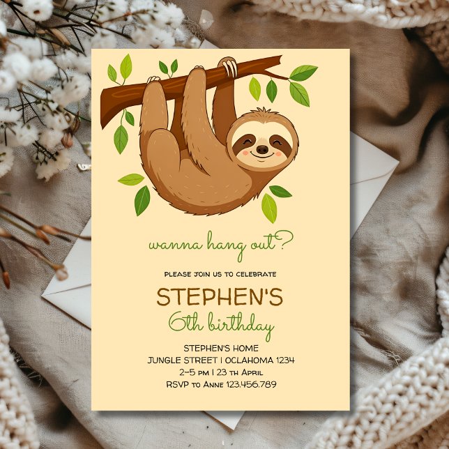 Invitation Wanna hang out? sloth kids birthday (Créateur téléchargé)