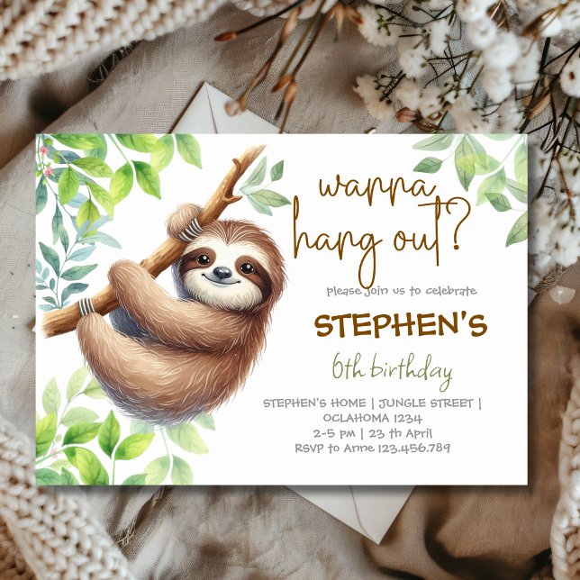 Invitation Wanna hang out? sloth kids birthday (Créateur téléchargé)