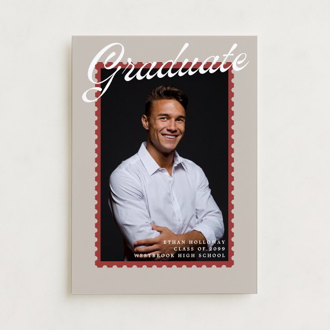 Invitation Warm Neutral Postage Stamp Graduation Announcement (Créateur téléchargé)