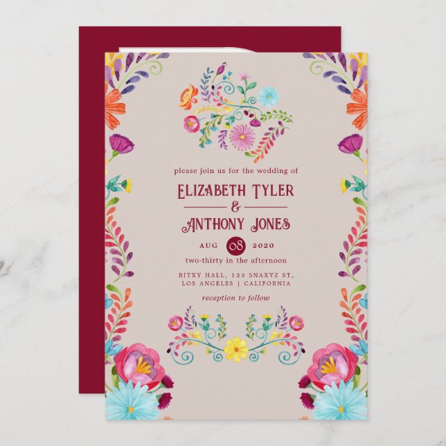 Invitation Warm Taupe/Burgundy Floral Mexican Fiesta Wedding (Devant / Derrière)