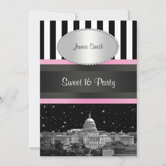 Invitation Wash DC Skyline Bk Wht Strp Pink Sweet 16 Fête