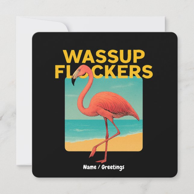 Invitation Wassup Flockers Funny Flamant rose Retro Beach Cit (Devant)