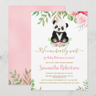 Invitation Watecolor Blush Pink Bear Girl Baby shower Floral