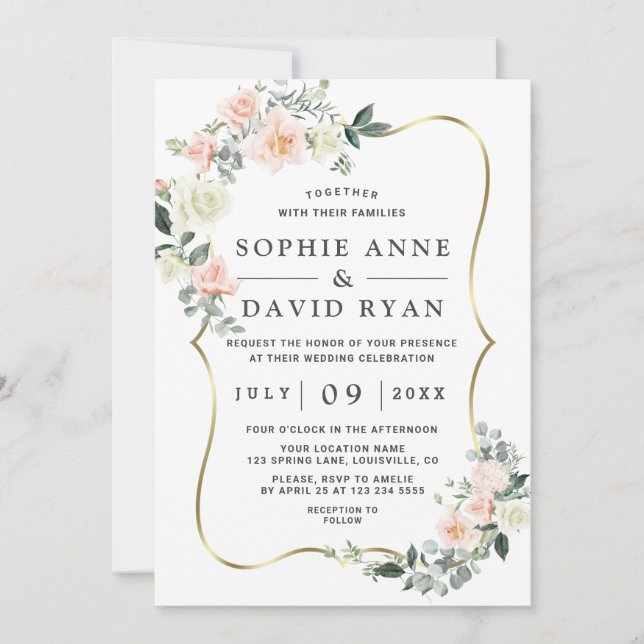 Invitation Wateercolor Blush White Flowers Gold Mariage (Devant)