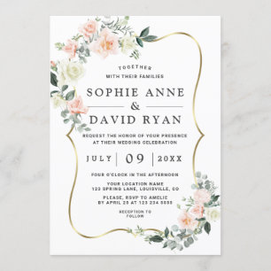 Invitation Wateercolor Blush White Flowers Gold Mariage