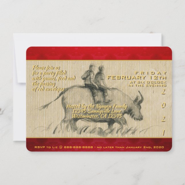 Invitation Water Buffalo Children Chinese Ox Année 2021 PhInv (Devant)