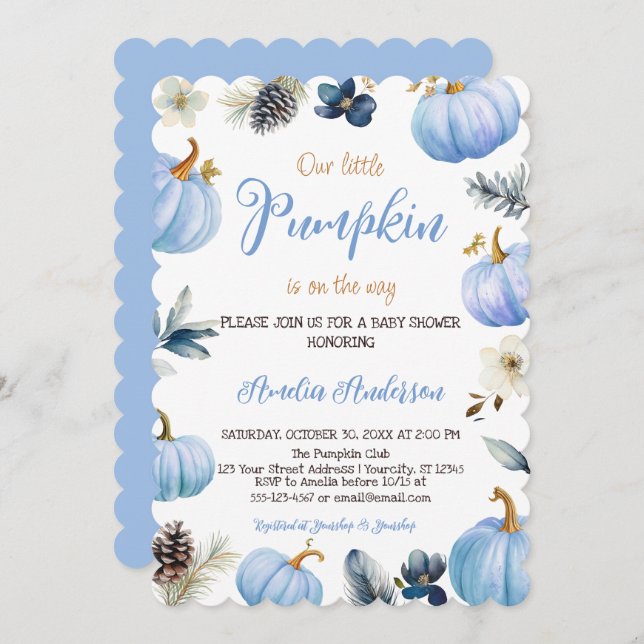 Invitation Watercolor A Little Pumpkin Fall Boy Baby Shower (Devant / Derrière)