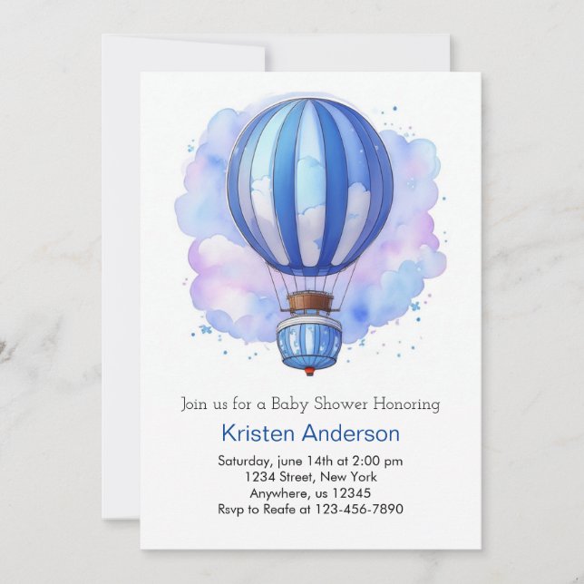 Invitation Watercolor Adventure Hot Air Balloon Baby shower (Devant)