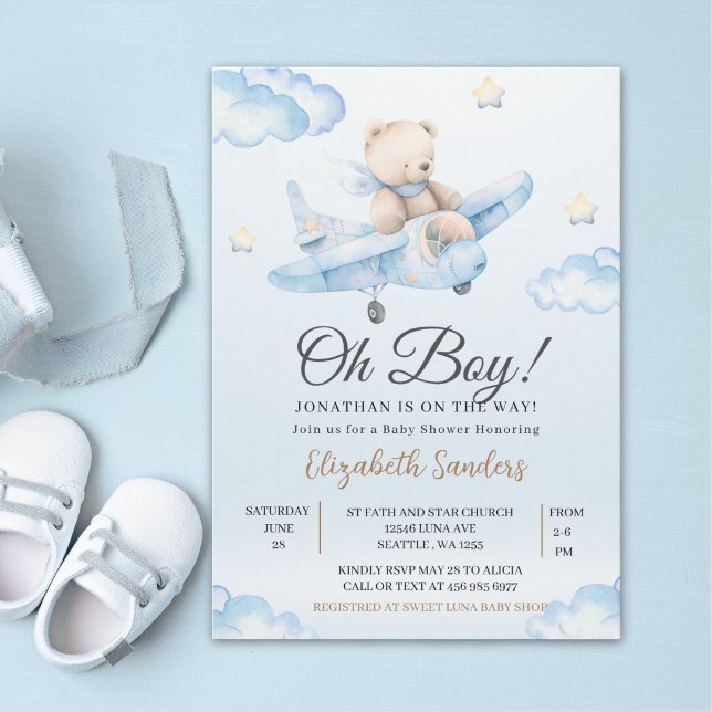 Invitation Watercolor Airplane Teddy Bear Baby Shower (Créateur téléchargé)