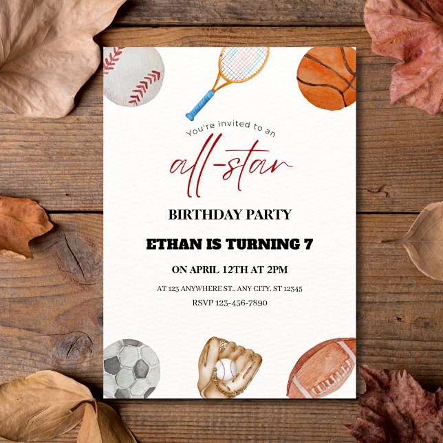 Invitation Watercolor All-Star Sports 7e anniversaire Invitat (Watercolor All-Star Sports 7th Birthday Invitation
)