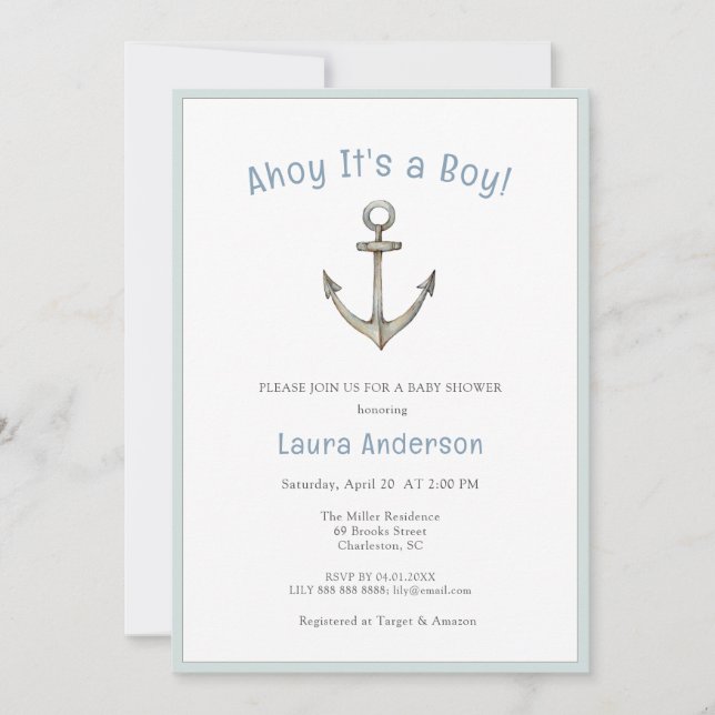 Invitation Watercolor Anchor Nautical Baby boy Baby shower  (Devant)
