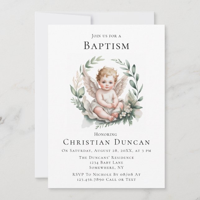 Invitation Watercolor Angel Wings Baptism  (Devant)