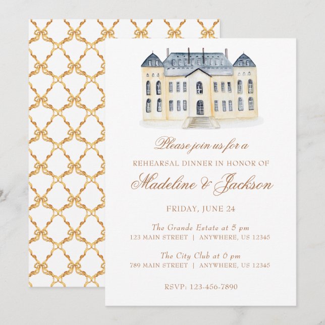 Invitation Watercolor Anglais Manor Estate Rehearer Dîner (Devant / Derrière)