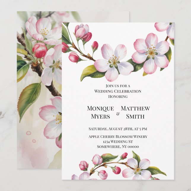 Invitation Watercolor Apple Cherry Blossom Wedding (Devant / Derrière)