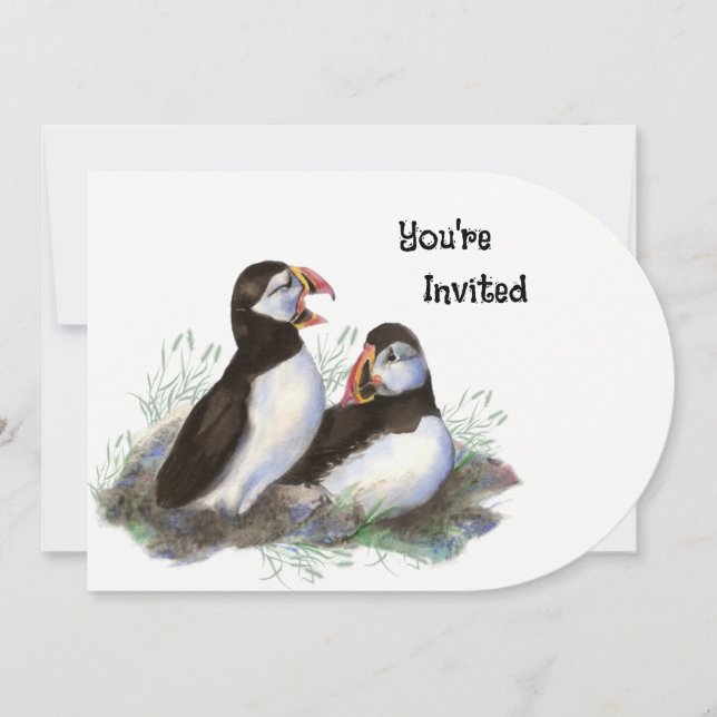Invitation Watercolor art Puffin Bird Anniversaire (Devant)