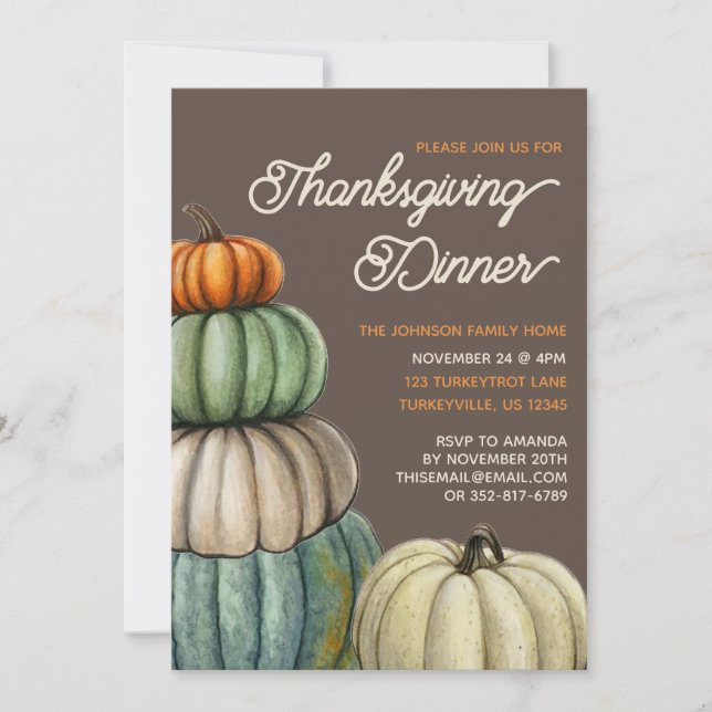 Invitation Watercolor Automne Citrouilles Thanksgiving Dîner (Devant)