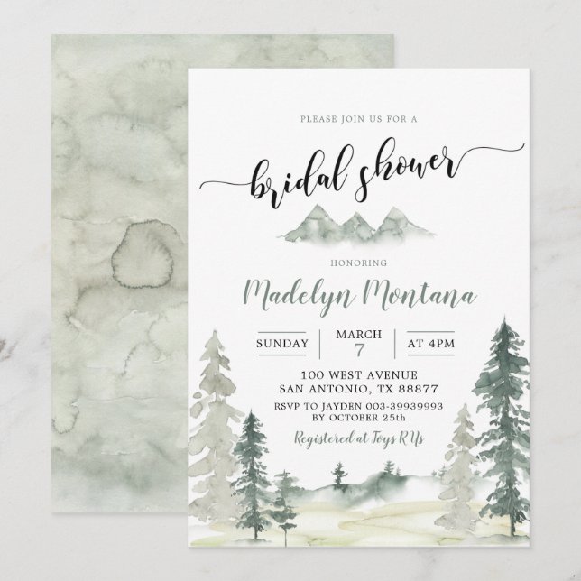 Invitation Watercolor Aventure Forest PineTree Fête des marié (Devant / Derrière)