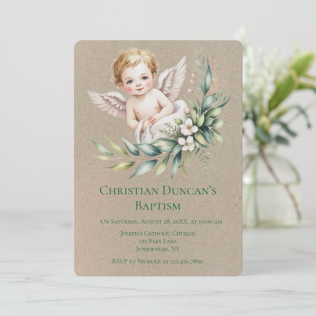 Invitation Watercolor Baby Angel Feather Wings Baptism  (Debout devant)