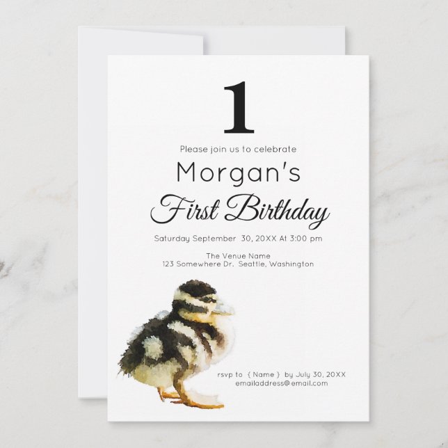 Invitation Watercolor Baby Duck 1er Anniversaire Fête Invitat (Devant)