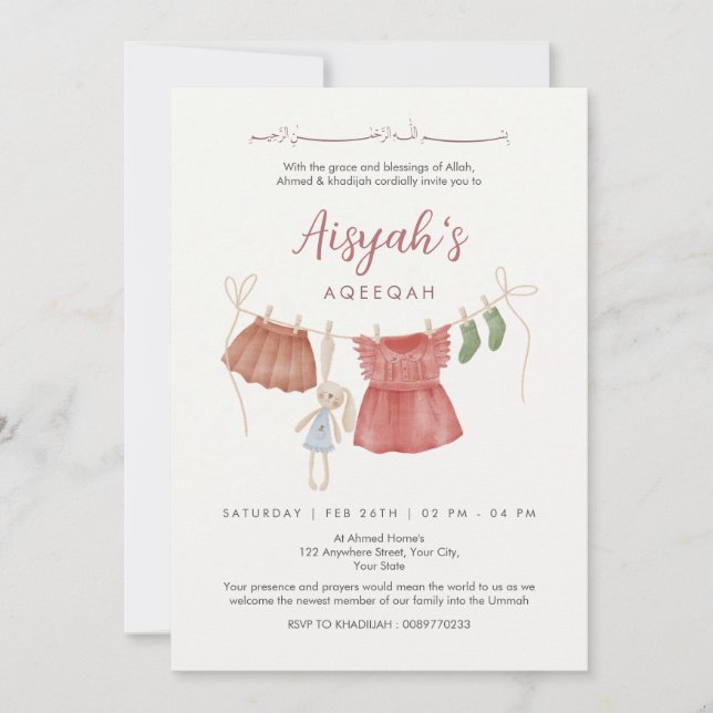 Invitation Watercolor Baby Girl Clothesline Aqeeqah (Devant)