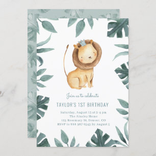 Invitation Watercolor Baby Lion Prince Safari fête d'annivers