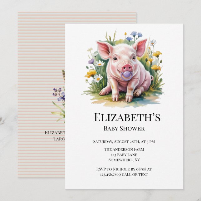 Invitation Watercolor Baby Pig Wildflowers Baby Shower (Devant / Derrière)