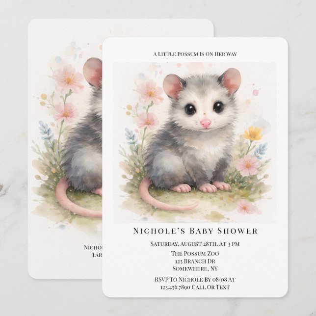 Invitation Watercolor Baby Possum Baby Shower  (Devant / Derrière)