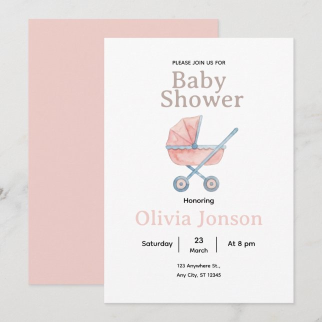 Invitation Watercolor Baby Shower Invitation, (Devant / Derrière)