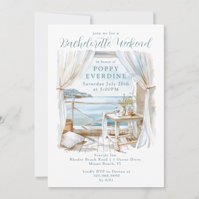 Invitation Watercolor Bachelorette Party Week-end Oceanside (Devant)
