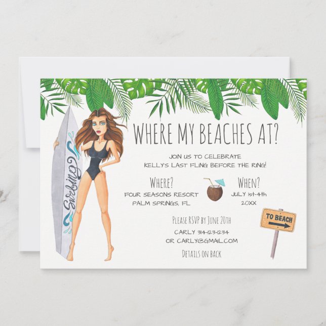 Invitation Watercolor Bachelorette Surf Beach Party (Devant)
