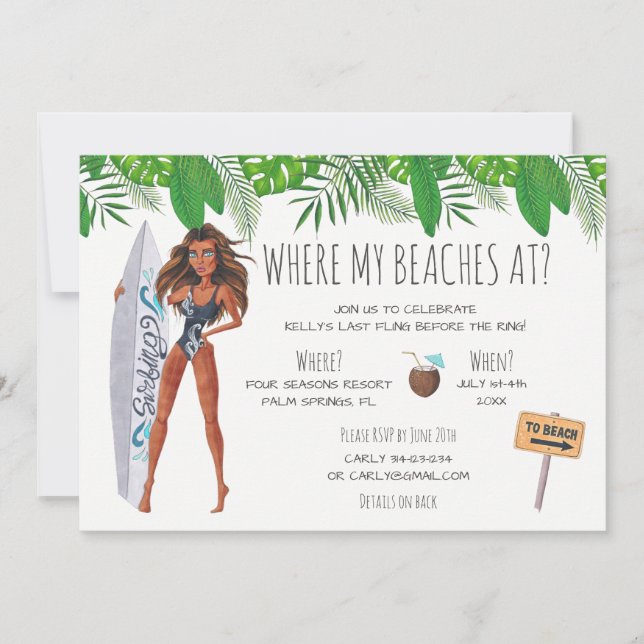 Invitation Watercolor Bachelorette Surf Beach Party (Devant)