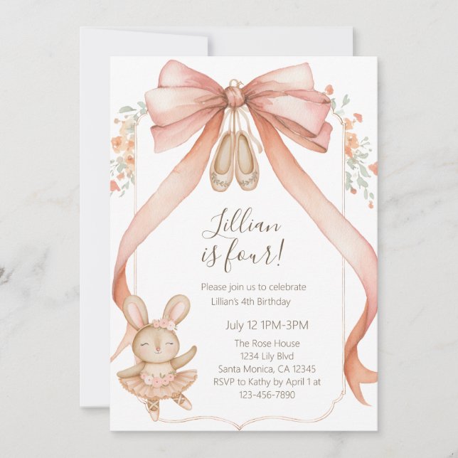 Invitation Watercolor Ballet Girls Fourth Birthday (Devant)