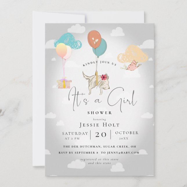 Invitation Watercolor Balloon Puppy Baby Girl Shower (Devant)