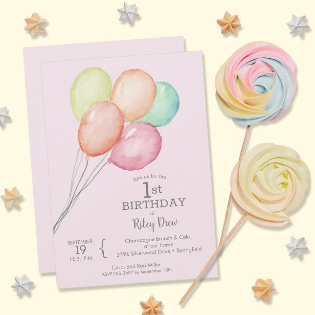 Invitation Watercolor Balloons Girl's 1st Birthday (Créateur téléchargé)