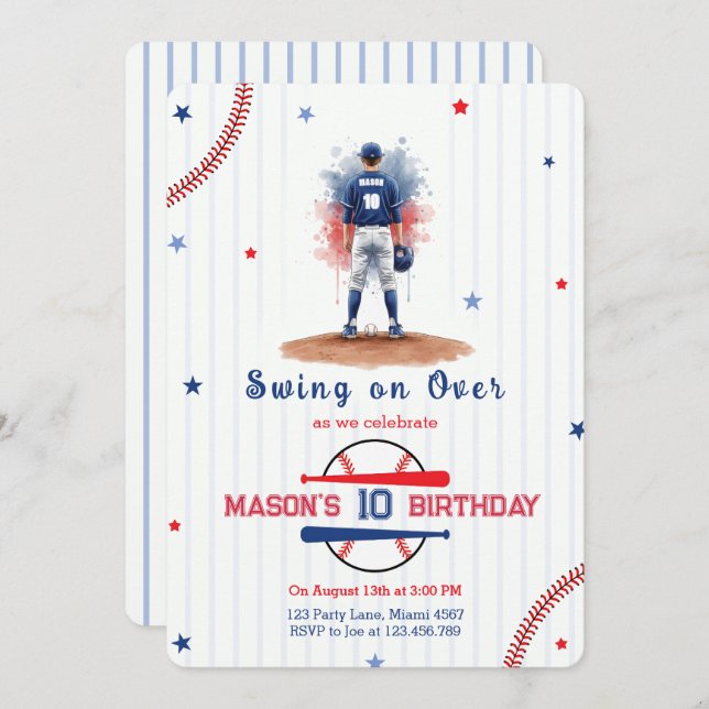 Invitation Watercolor Baseball Player Boy 10th Birthday (Devant / Derrière)