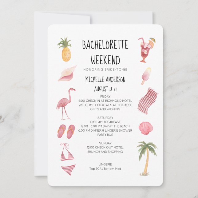 Invitation Watercolor Beach Bachelorette Week-end Itinéraire (Devant)