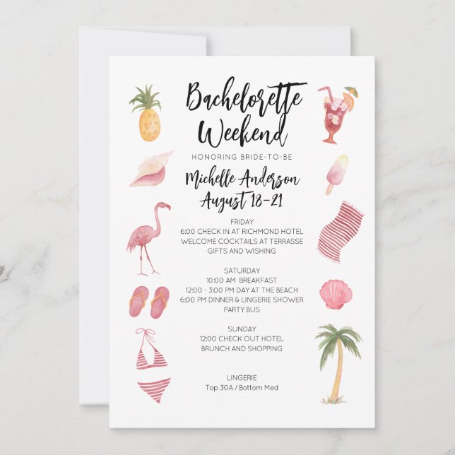 Invitation Watercolor Beach Bachelorette Week-end Itinéraire (Devant)
