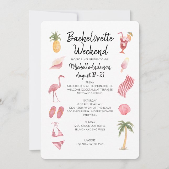 Invitation Watercolor Beach Bachelorette Week-end Itinéraire (Devant)