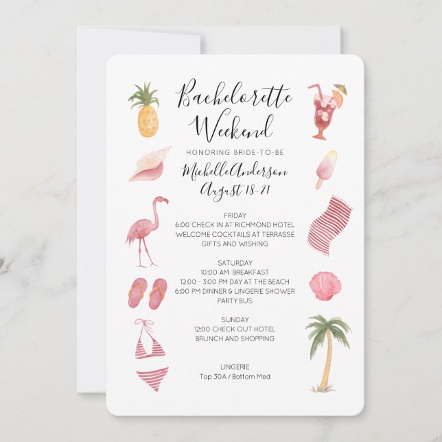 Invitation Watercolor Beach Bachelorette Week-end Itinéraire (Devant)