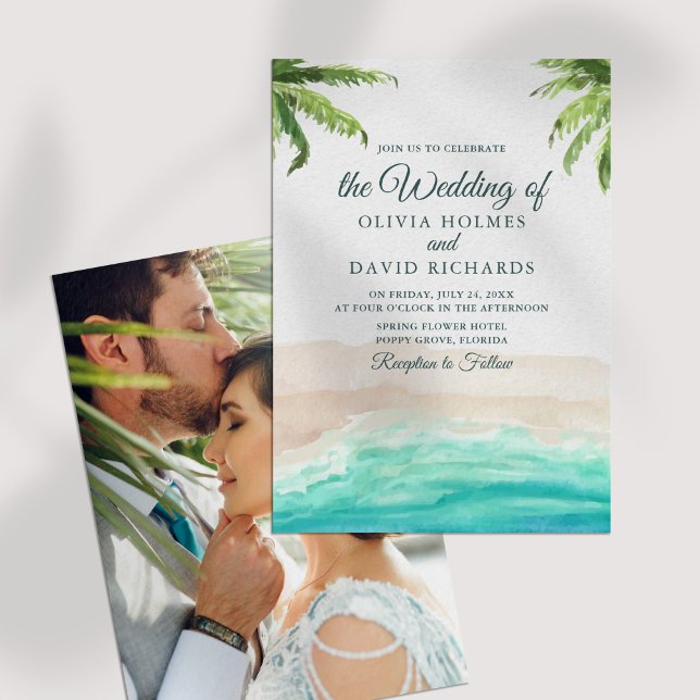 Invitation Watercolor Beach et Palm Trees Mariage photo (Watercolor Beach and Palm Trees Photo Wedding Invitation on a white table.)