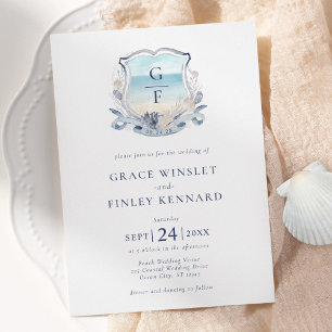 Invitation Watercolor Beach Monogram Crest Mariage