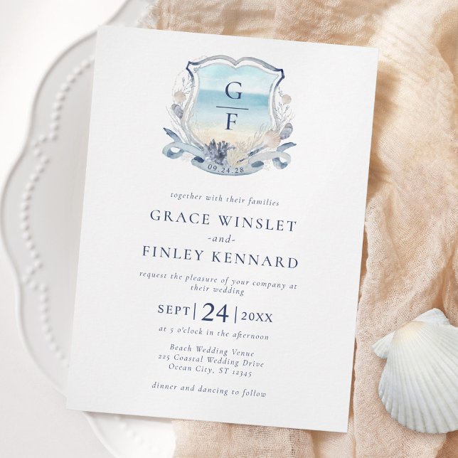 Invitation Watercolor Beach Monogramme Mariage Crest (Créateur téléchargé)