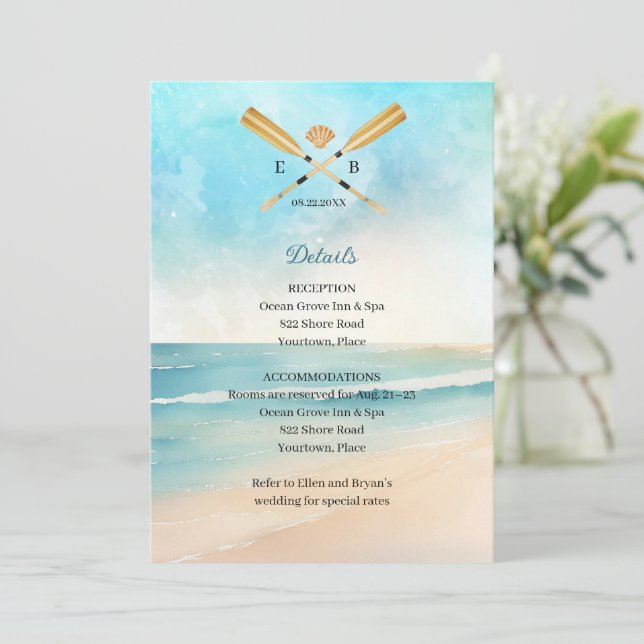 Invitation Watercolor Beach Oars Mariage Insérer Réception (Debout devant)
