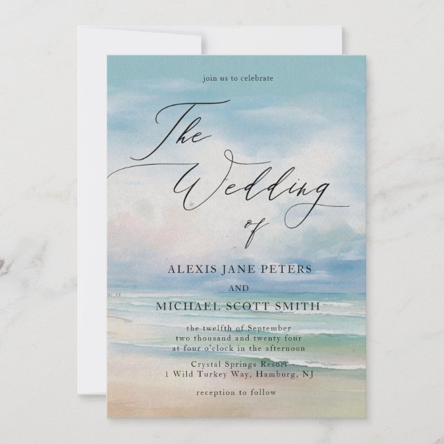 Invitation Watercolor Beach Ocean Coastal Mariage (Devant)