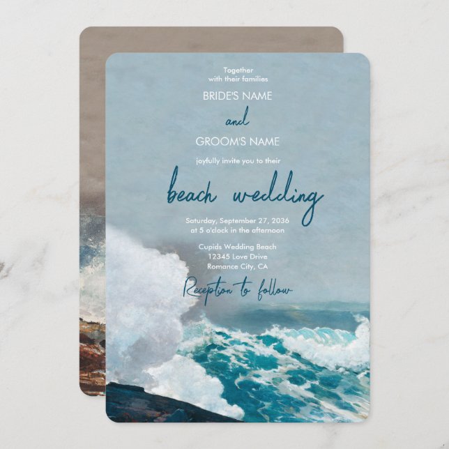 Invitation Watercolor Beach Ocean Waves Monogram Mariage (Devant / Derrière)