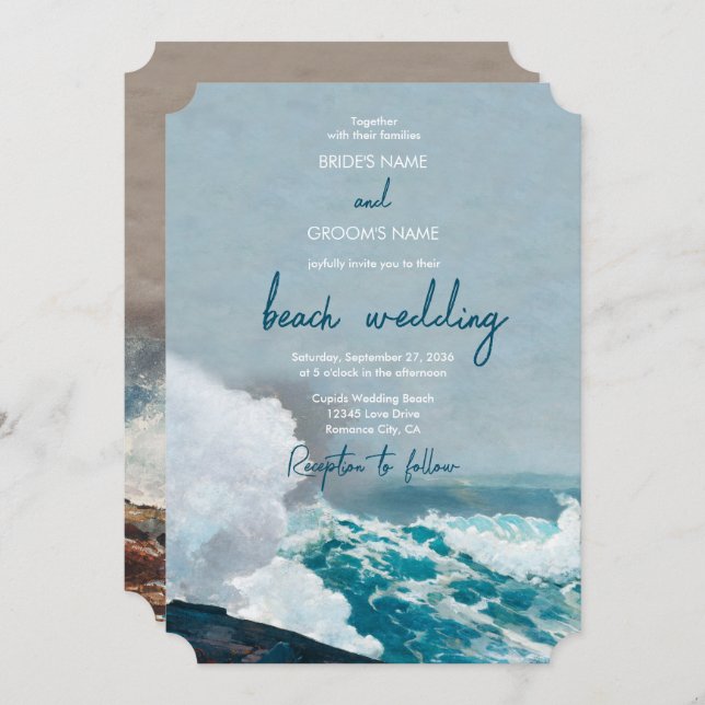 Invitation Watercolor Beach Ocean Waves Monogram Mariage (Devant / Derrière)