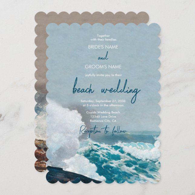 Invitation Watercolor Beach Ocean Waves Monogram Mariage (Devant / Derrière)